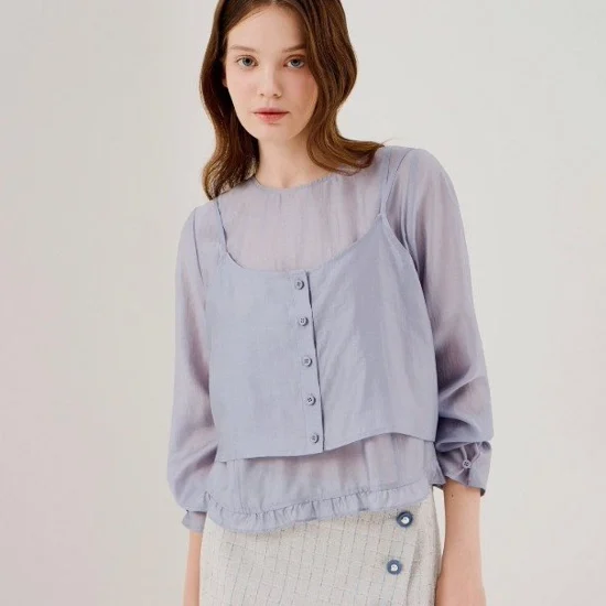 

Mimifafa JJ Pure Original 26 New Lightweight Artificial Silk Gentle Wood Grain Ruffle Two-Piece Set Layered Shirt Women's Fas...