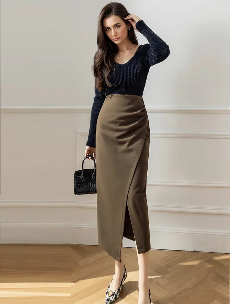 

Pop High Waist Vintage Irregular Woolen Midi Skirt Women Winter Open Split Thicken Slim Fold Pencil Skirt Female