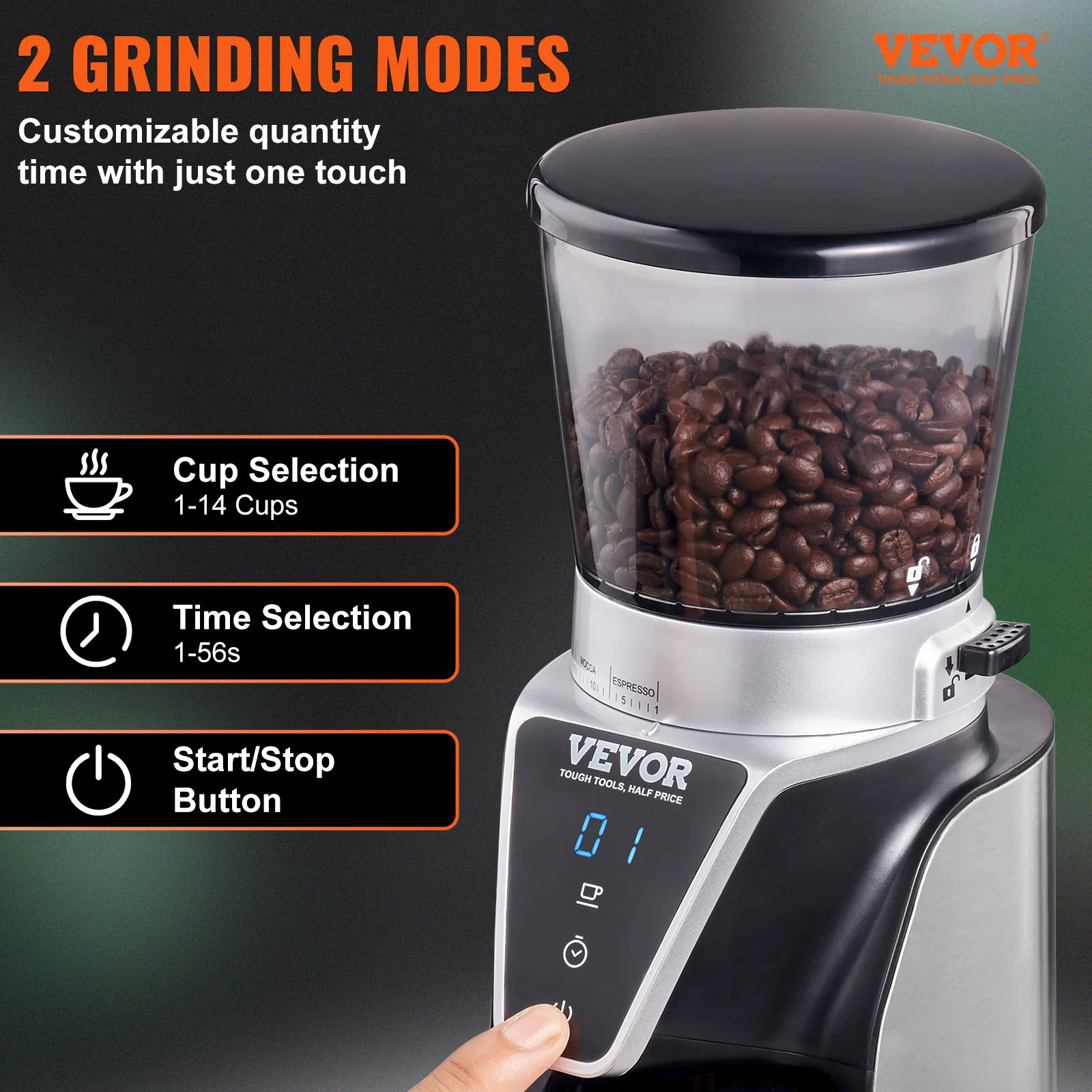 VEVOR Conical Burr Grinder Electric Adjustable Burr Mill with 51 Precise Grind Setting 9.7-Ounce 13 Cups Coffee Bean Grinder