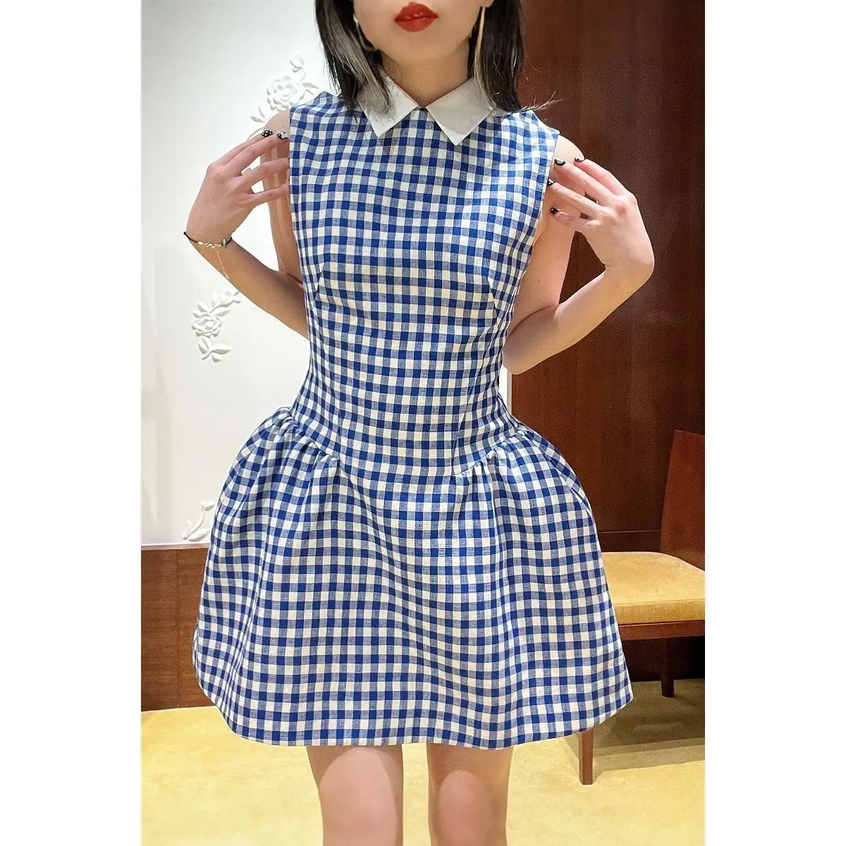 Korean Style Blue White Checkered Sundress Casual Smocked Waist Flowy Bubble Hem Dress Women's Beach Vacation A-Line Mini Dress