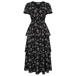 GK Women Midi Cake Dress Floral Printed High Waist Summer Retro Short Sleeve V-Neck Elastic Waist Flared A-Line Dress