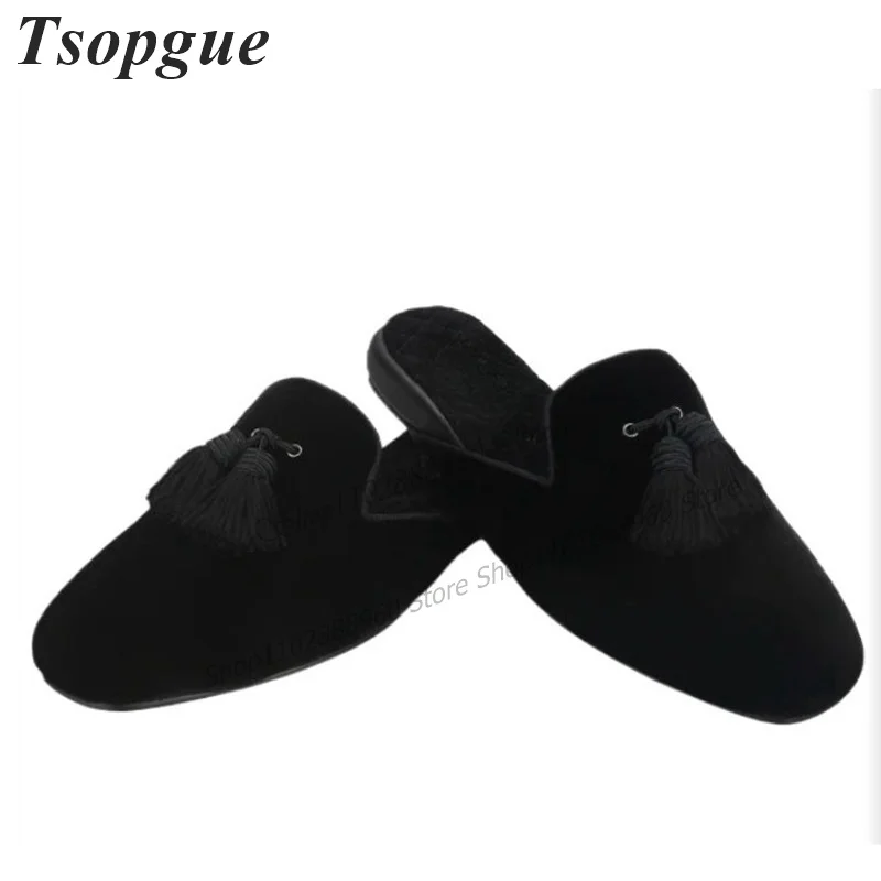 Black Flock Short Fringe Decor Men's Half Slippers Men Shoes High Quality Slip-On Runway Casual Party Shoes Zapatillas Mujer