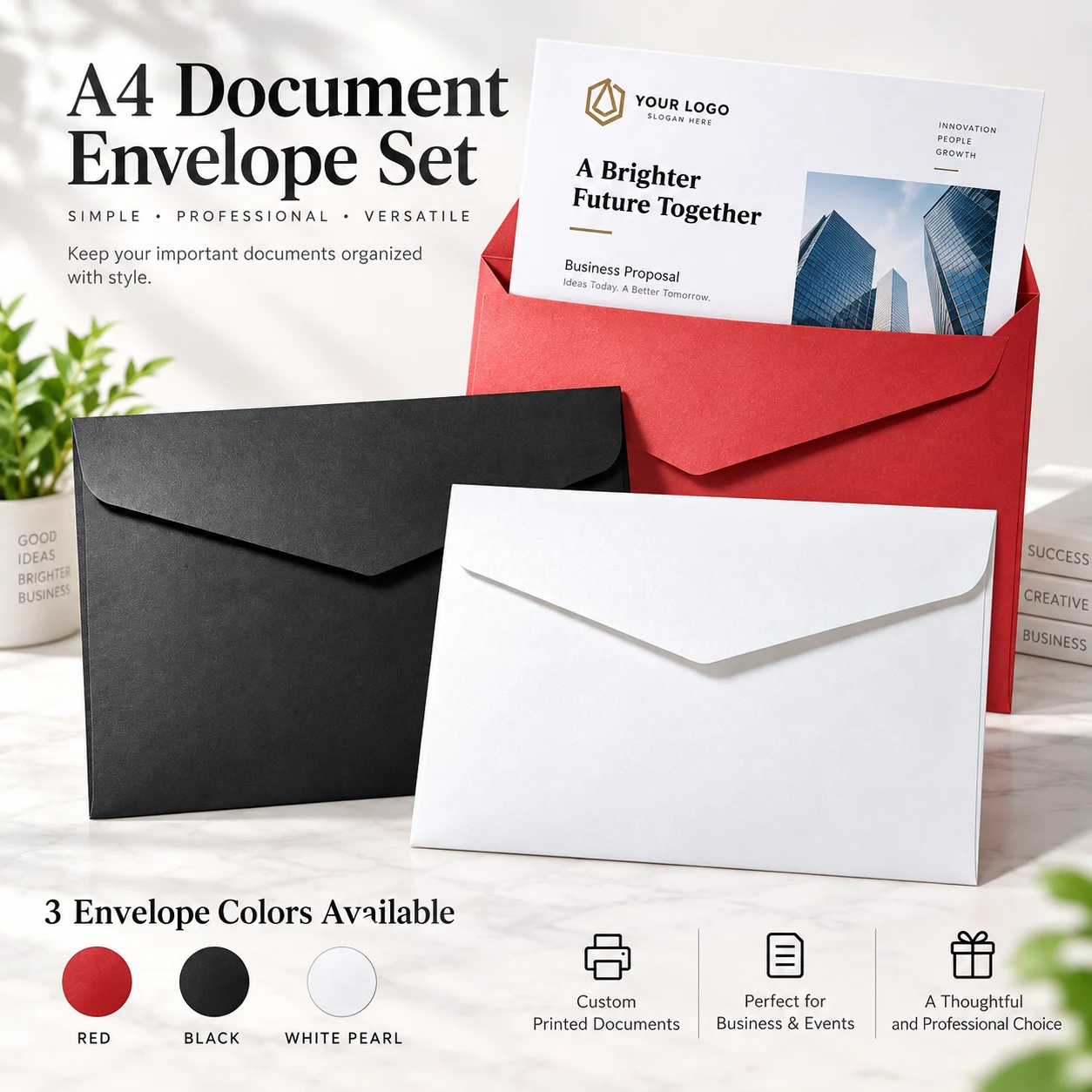Customized A4 Document Printing Envelope Set, Business Document Printing Folder, Available in Red, Black, Pearlescent White, and Three Colors, Personalized Logo and Text Printing, Office Meeting Contract Proposal Document Storage Bag