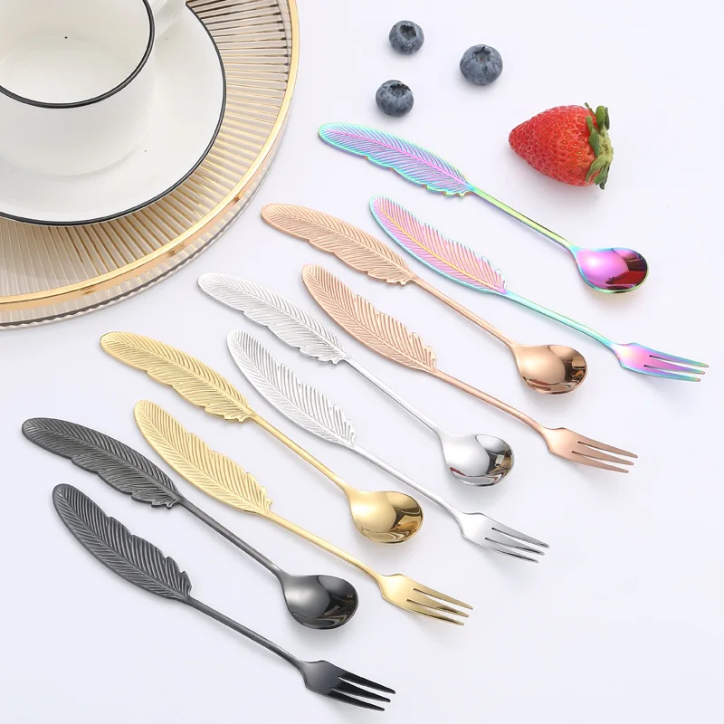 Feather Shape Gold Dessert Spoon Fruit Fork Stylish Stainless Steel 304 Dessert Fork and Coffee Spoon for Home Hotel Party