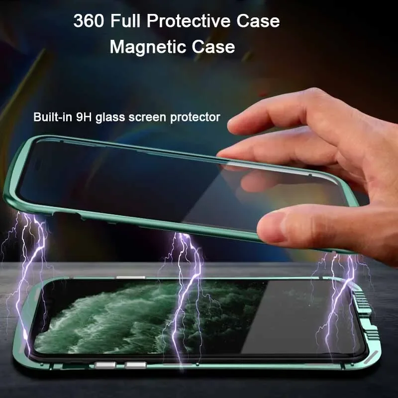 360 Metal Magnetic Adsorption Case For iPhone 16 15 14 13 12 11 Pro XS Max Double-Sided Glass Case For iPhone 8 Plus X XR Cover