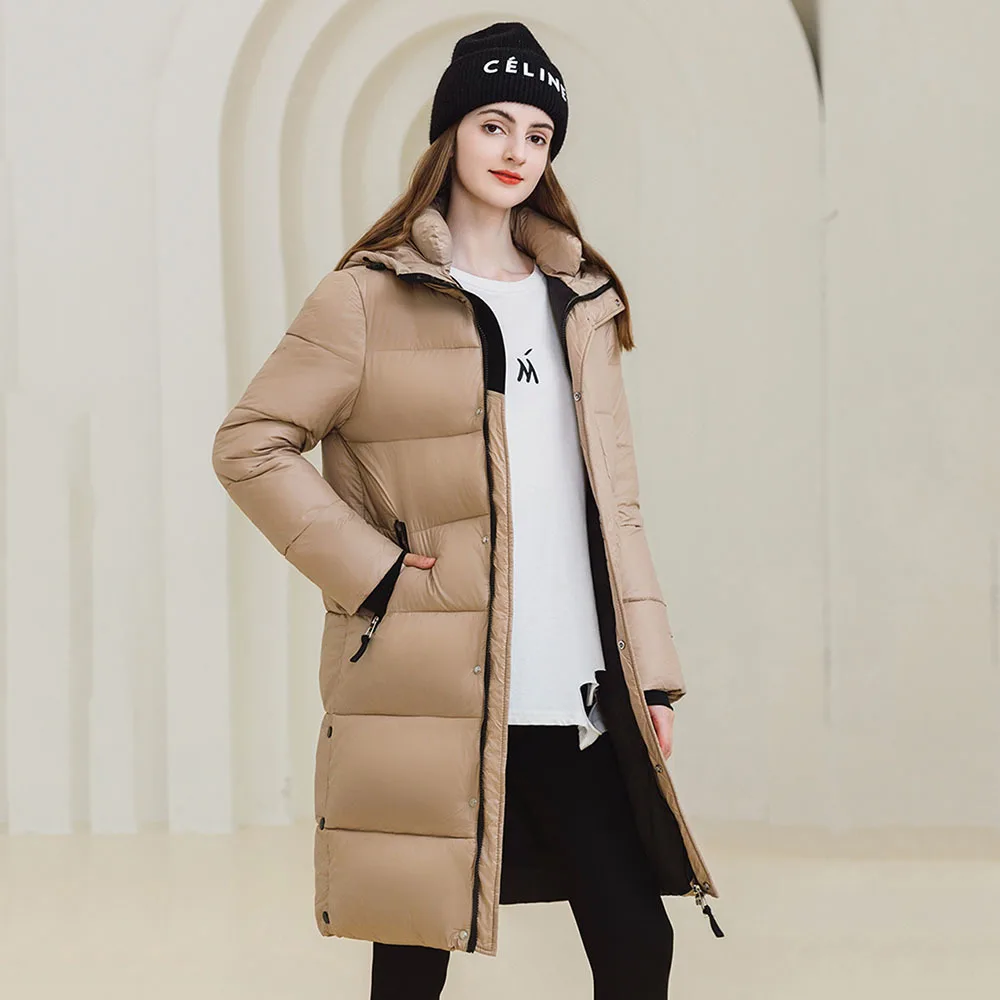 2024 Winter Zwart Goud Donsjack Voor Dames Klassiekers Losse Katoenen Jas Over Knie Capuchon Parka Dames Trend Dikke Bovenkleding