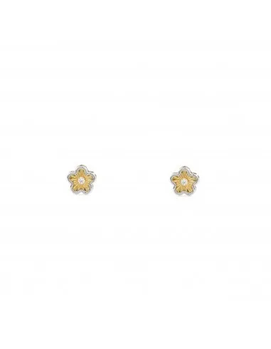 Baby earrings/girl Gold Bicolor 9k textured flower zirconia