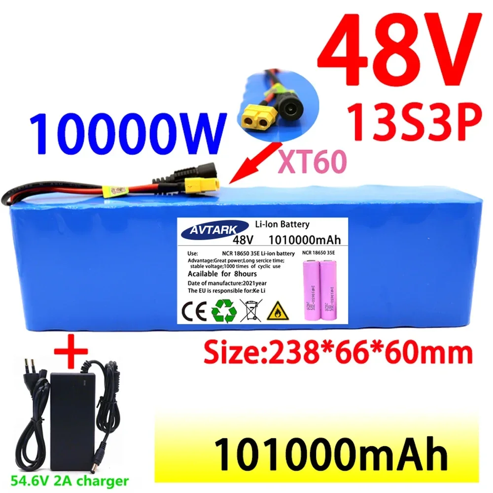 

New 48V 100000mAh 1000w 13S3P XT60 48V Lithium ion Battery Pack 100Ah For 54.6v E-bike Electric bicycle Scooter with BMS+charger