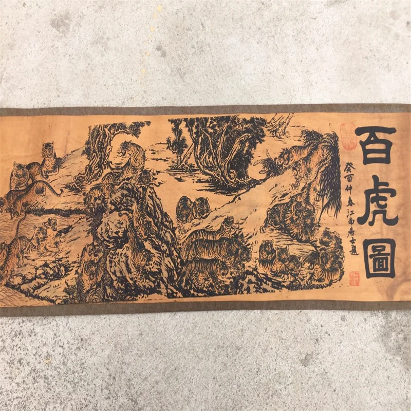 

Chinese Old Long Scroll Calligraphy Painting Mural Portrait of 100-tiger picture Traditional Art Decor