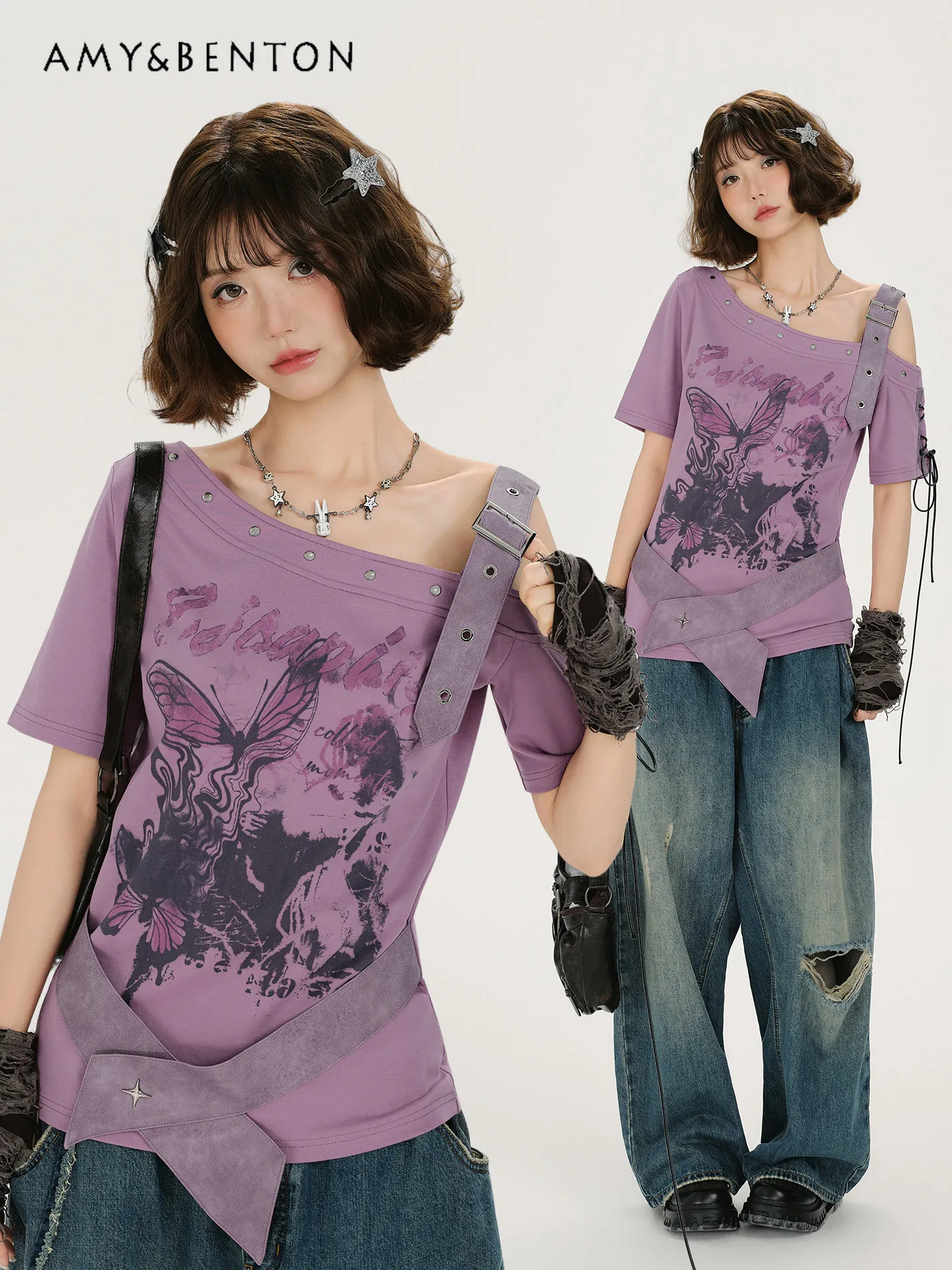 

2026 Summer New American Retro Streetwear Women One Shoulder Belt Design Lace Up Waist Short Sleeve Purple T-Shirt