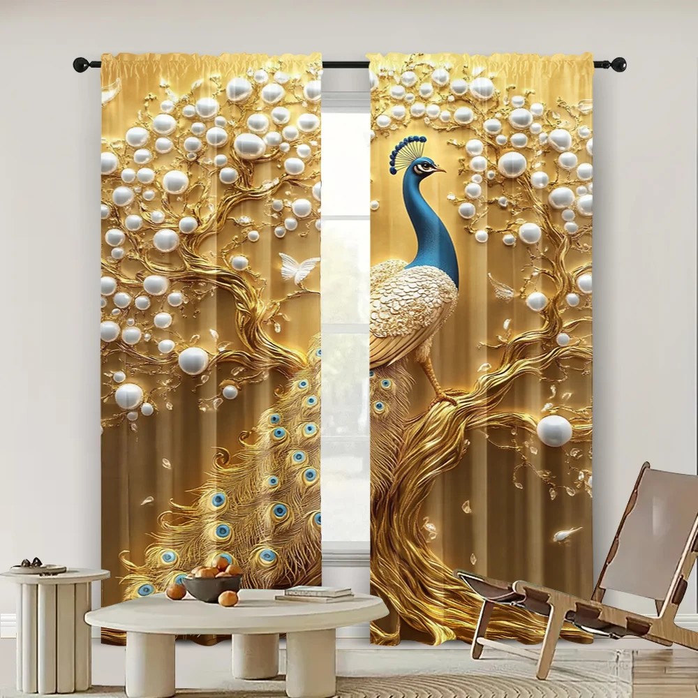 2pc,   Scene Curtains curtainGolden Peacock and Wealth Tree Machine Washable Polyester,Without Electricity Birthday Party