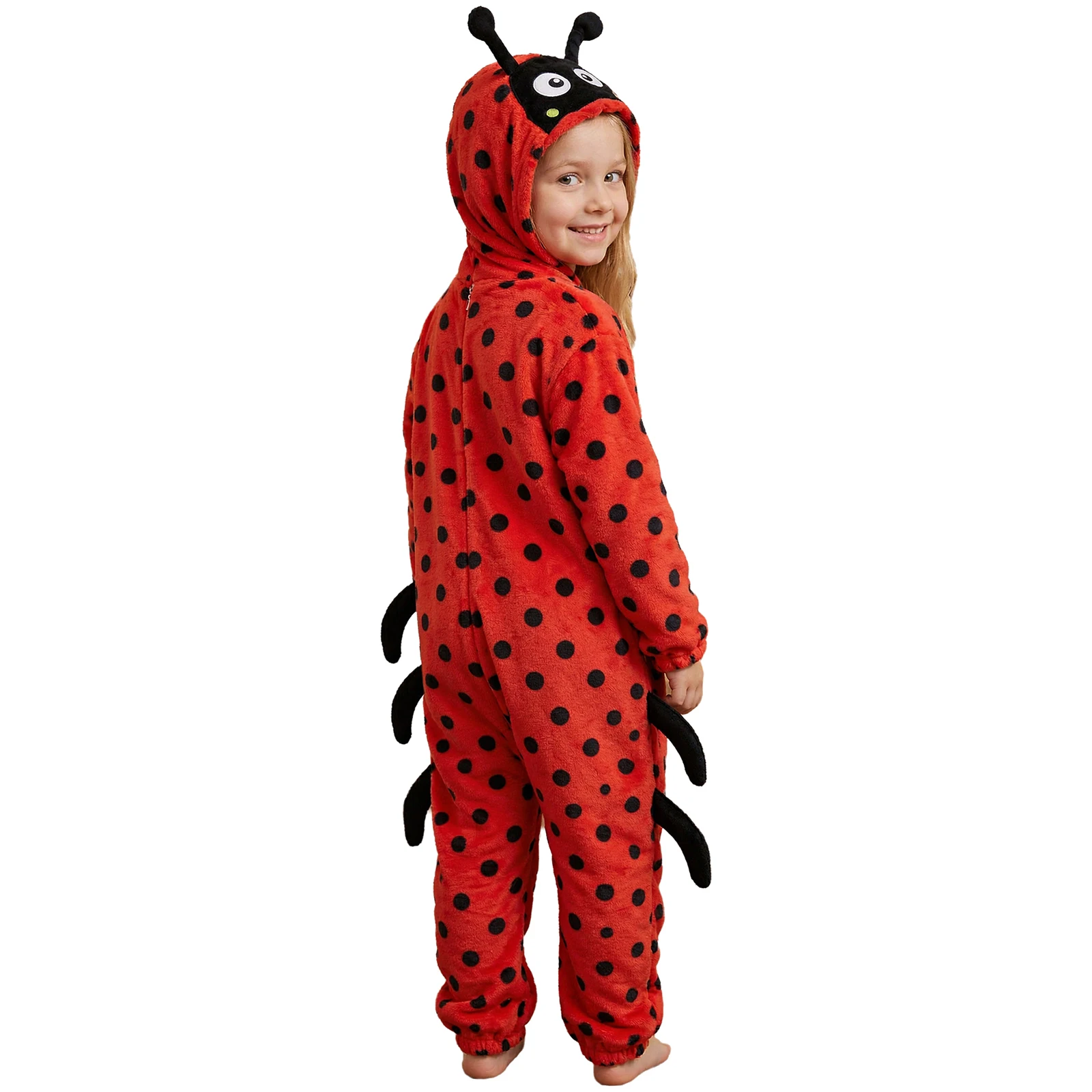 Kids Boys Girls Warm Animal Shaped Flannel Jumpsuit Long Sleeve Zipper Hooded Bodysuit for Halloween Role-playing Theme Party