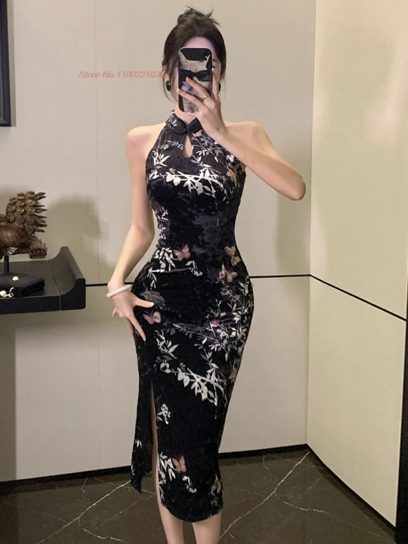 

2025 chinese improved sleeveless velvet cheongsam dress flower print evening party dress vintage banquet qipao nightclub dress