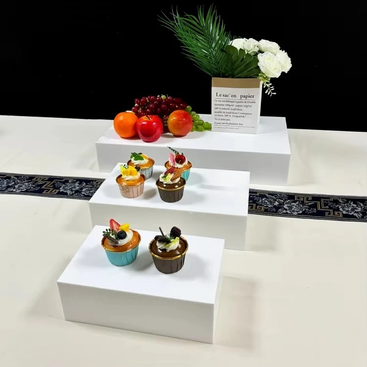 Set 3 White Gloss Acrylic Eco-Friendly Food Riser Buffet Box Display Stand Carton Packaging For Wedding