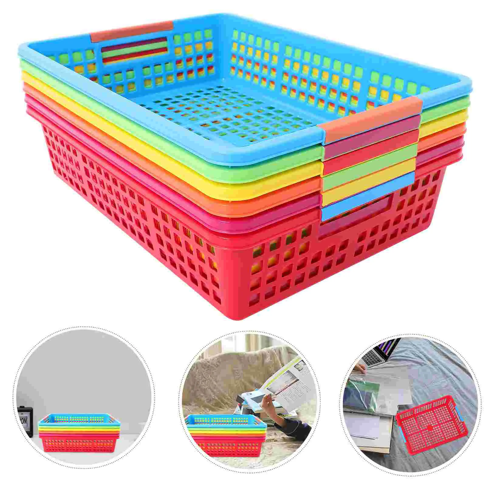 6 Pcs Storage Bins with Lids File Basket Colorful Trays for Office Snack Classroom Paper Organizer Book Construction