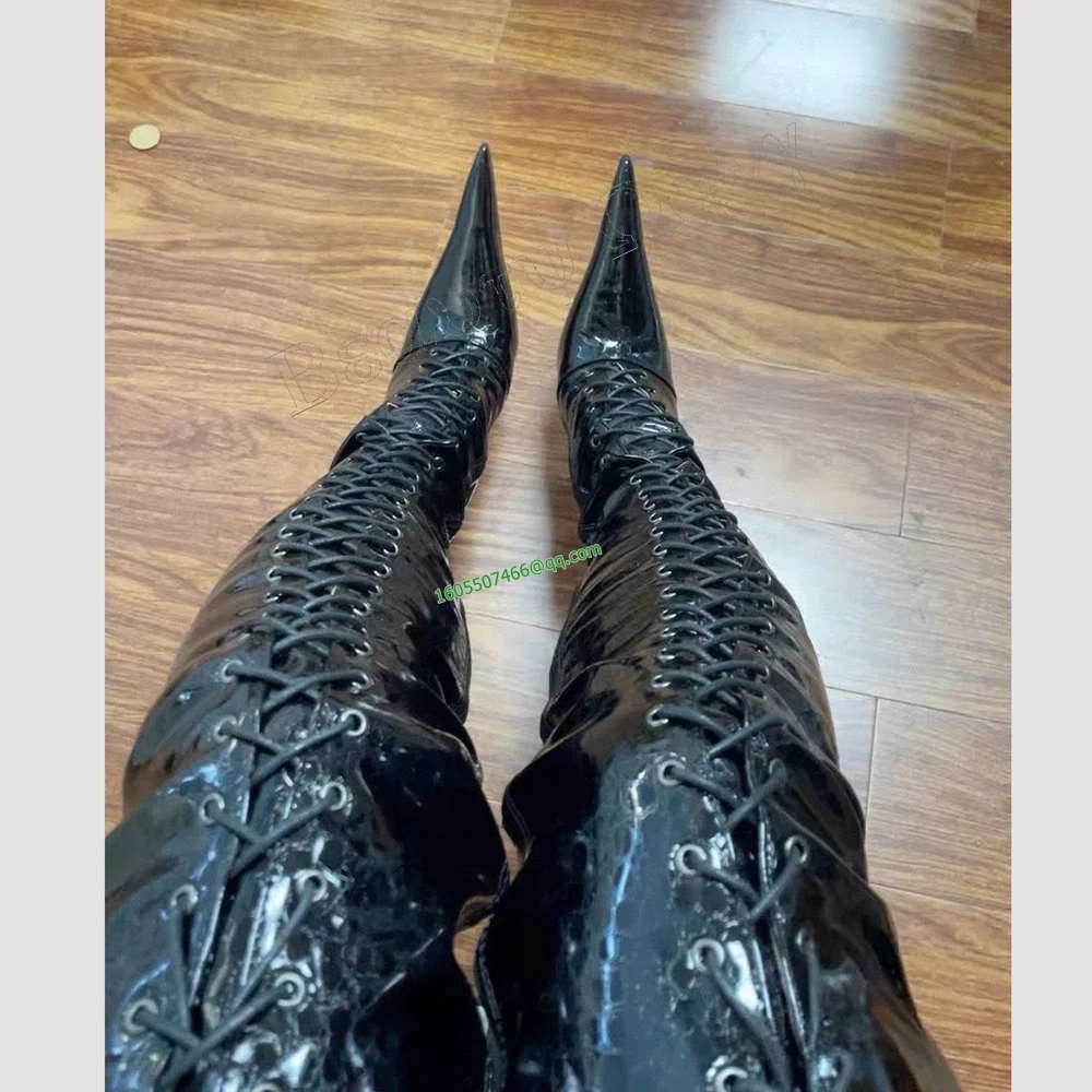 

Black Pointy Toe Boots Patent Leather Pointed Toe Thigh High High Heel Shoes Solid Sexy Women Shoes New Zapatos Para Mujere