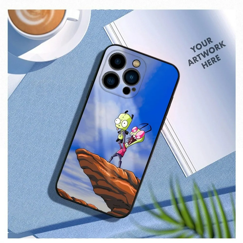 Cartoon I-Invader Zim etui na telefon do iPhone15,14,13, 12 Mini 11 Pro XR, X, XS, MAX 7, 8 Plus silikonowa obudowa miękka czerń