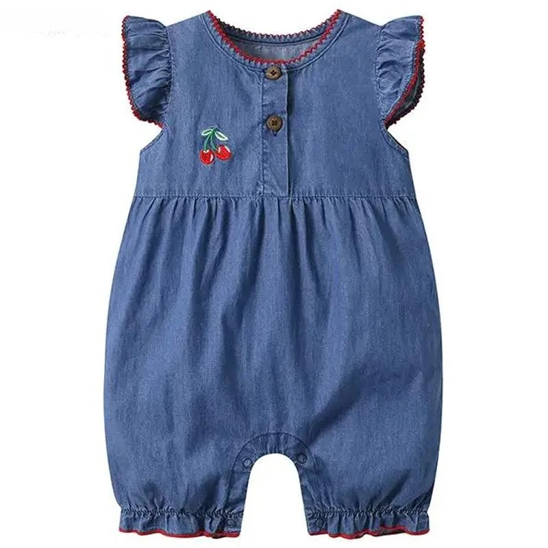 

2024 Bodysuits Kids Denim Cute Embroidery Fruit Clothes Matching Summer Children's Clothing Girls Newborns Rompers Jumpsuit