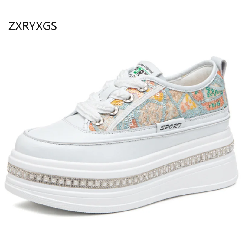 ZXRYXGS 2026 Cowhide Mesh Splicing Spell Color Women Trendy Sneakers Thick Sole Inside Increase Shoes Casual Rhinestone Sneakers