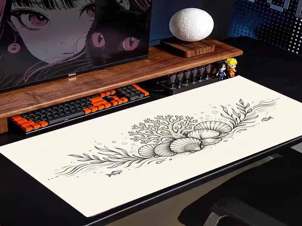 Playmat Large Size Hand Drawn Marine Life Sea Border Sketch Non Slip Mousepad Table Mat For Laptop Games Desk