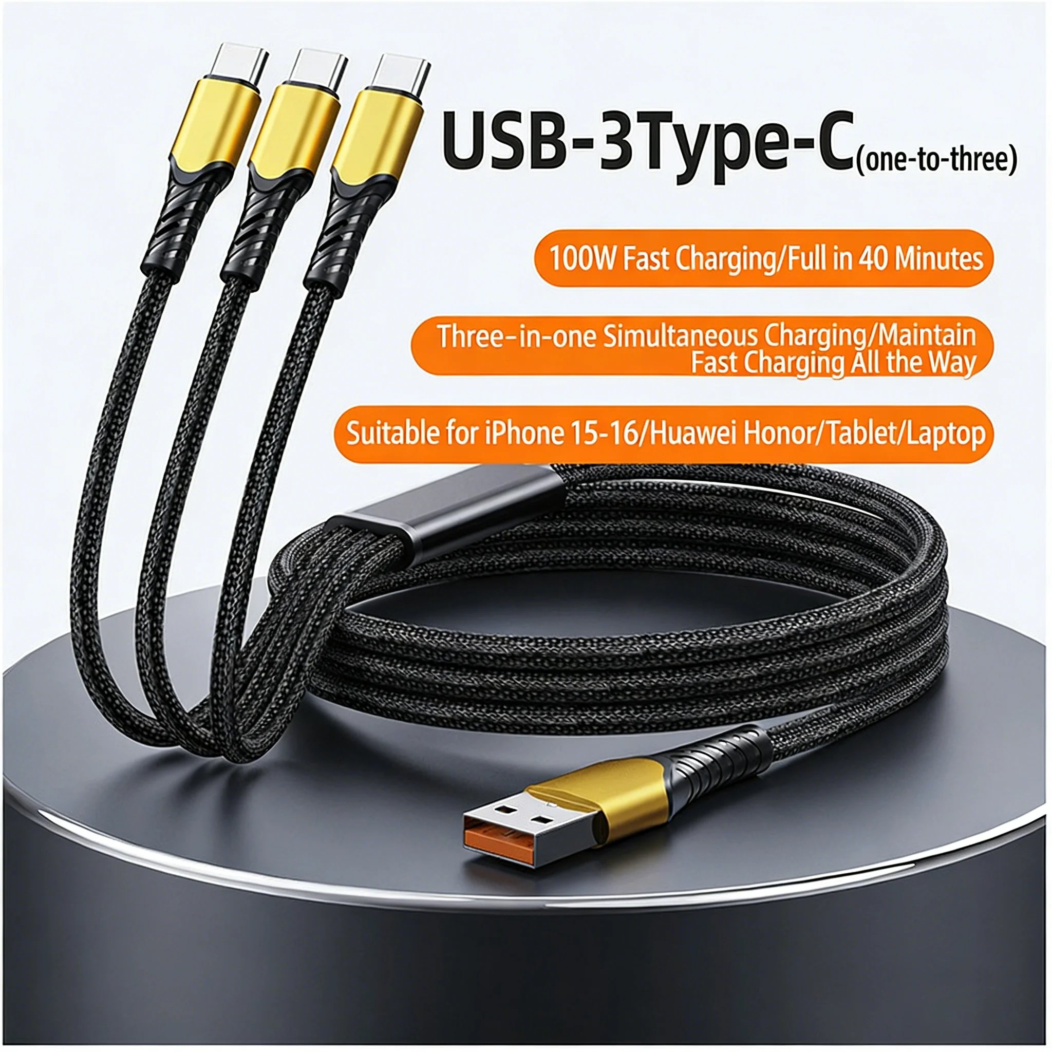 Picture 4: 100W 3 in 1 USB C Type c to 3 Type C Fast Charging Cable for iphone 17 16 15 Pro max Huawei Xiaomi Samsung