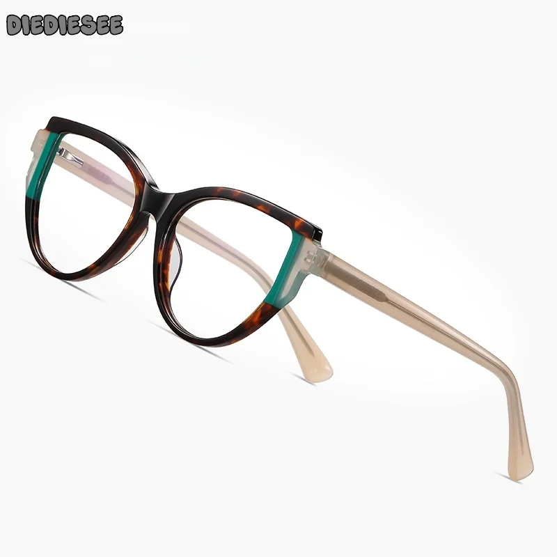 

DIEDIESEE New Board Fashion Cat Eye Splicing Flat Light Glasses Pin Spring Leg Can Be Matched With Myopia Glasses Frame PS8829