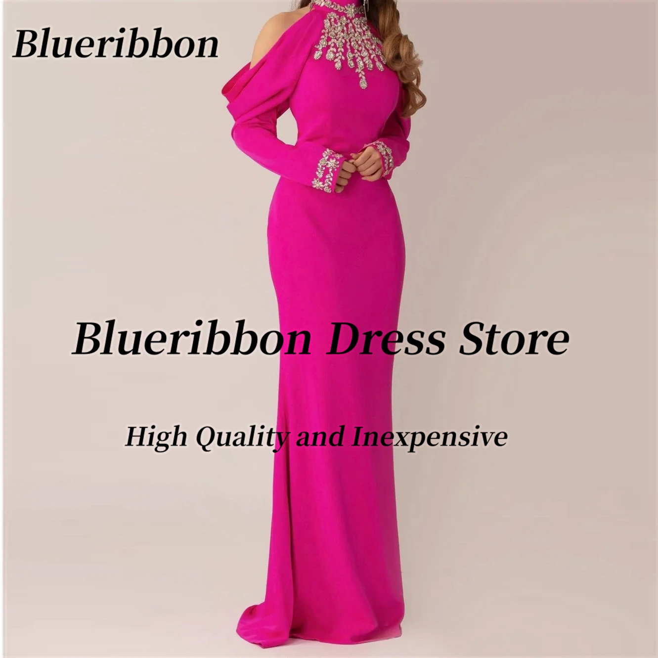 

Blueribbon Abiye Elbiseler Women High Collar Evening Dresses Crystals Long Sleeves Prom Party Birthday Formal Occasion Dress