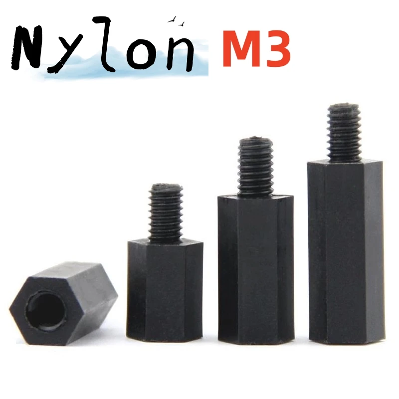 30/50/100/200pcs M3 Black Hexagonal Nylon Column Single Head Isolation Column Plastic Support Nylon Plastic Hexagonal Column