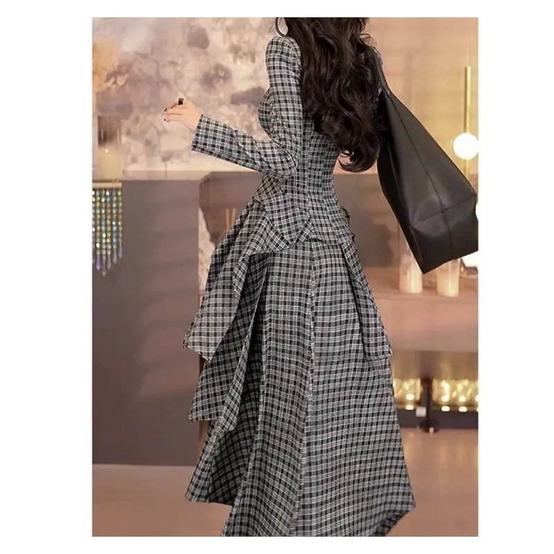 النمط البريطاني منقوشة بدلة صغيرة كبيرة سوينغ تنورة فستان طويل قطعتين مجموعة 2025 مزاجه جديد ارتداء مجموعة كاملة #4