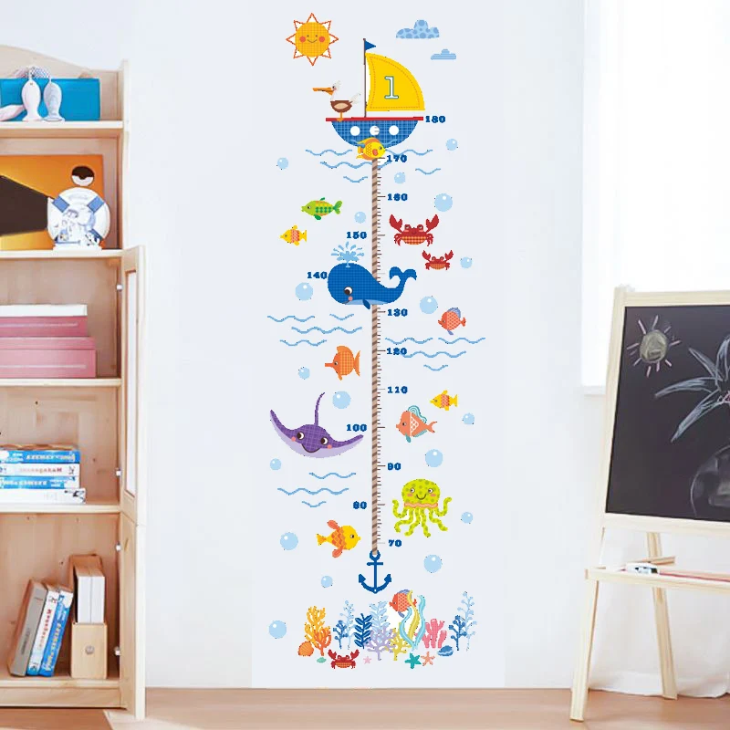 Underwater World Decoration Height Ruller Wall Stickers Kids Grow uo Chart Wall Decals for Kids Room Bedroom Baby Wallpaper Room