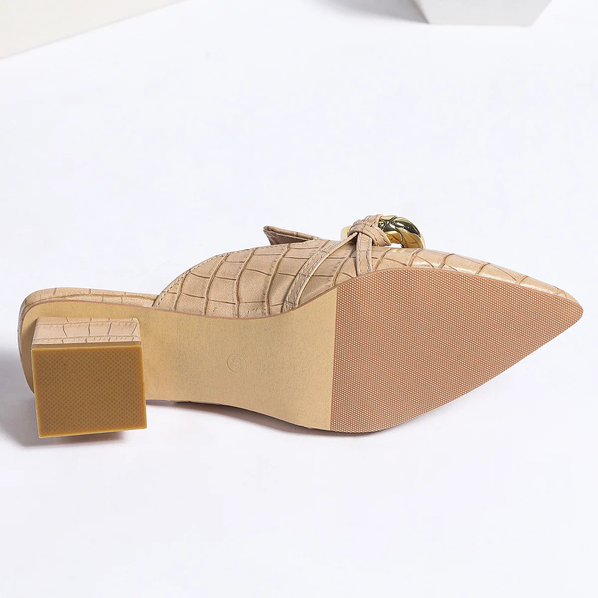 Luxury Chain Women's Mules Shoes With Heels 2024 New Summer Pointed Toe Square Heeled Slippers Women Sandals Big Size 8 9 10