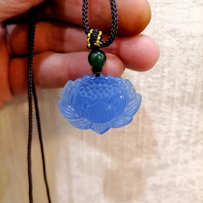 

Natural Blue Handmade Carved Lotus Jade Pendant, Fashionable Boutique Jewelry, Men's and Women's Blue Agate Lotus Necklace Gift