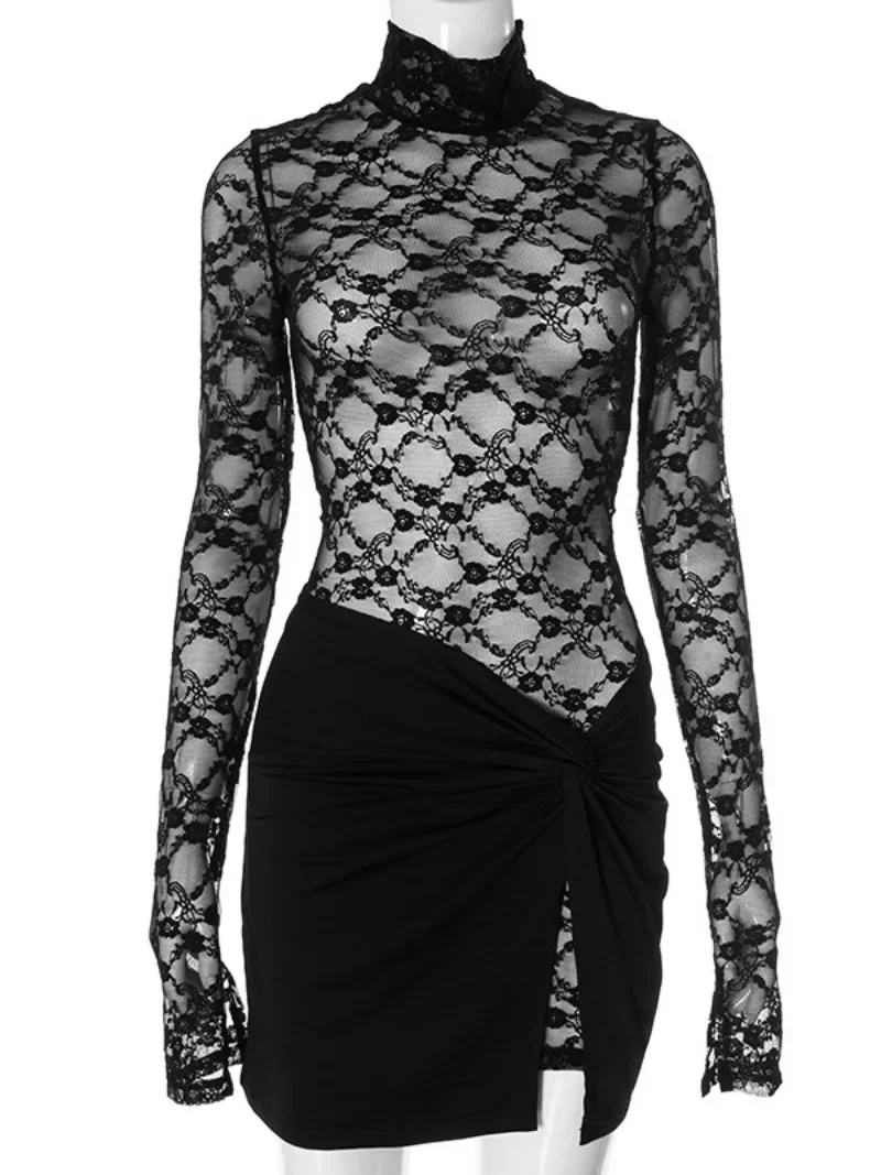 Mulheres manga longa vestido de renda conjuntos com saia sexy transparente bodycon pacote hip mini festa clube vestidos 2 peça terno preto