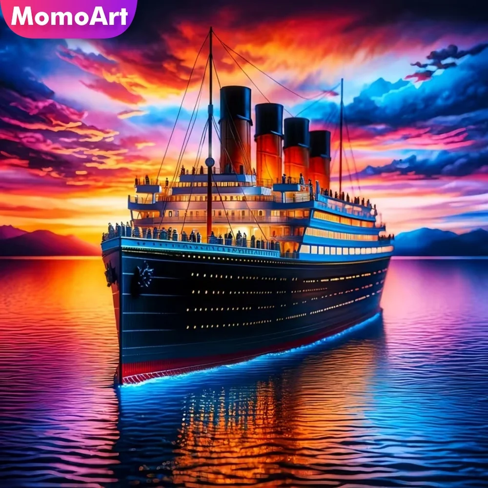 Momoart Diamant-Stickerei Schiffslandschaft DIY-Malerei Vollquadratische Runde Diamant-Mosaik Kreuzstich Handgemachtes Einzigartiges Geschenk