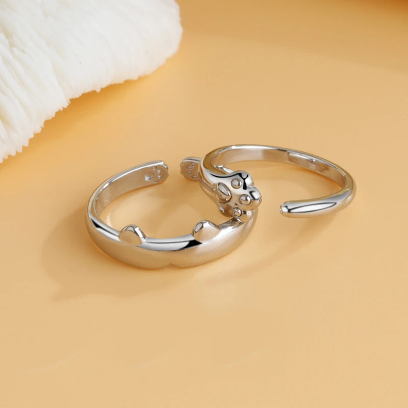 NEW European S925 Sterling Smooth Silver Cat Paw Print Couple Ring Adjustable For Women Men Birthday Party Wedding Gift Jewelry