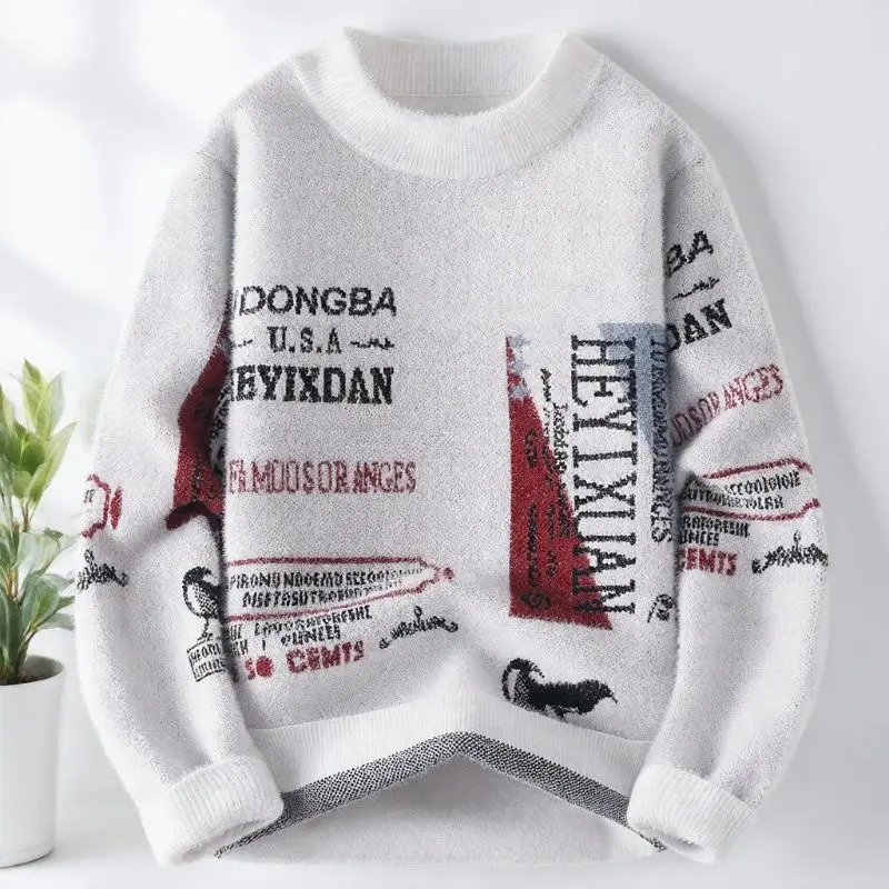 2025 Winter New Fashion Trend Printed Pullover Men's Casual Comfort Thick Warm High Quality Large Size Sweater M-4XL