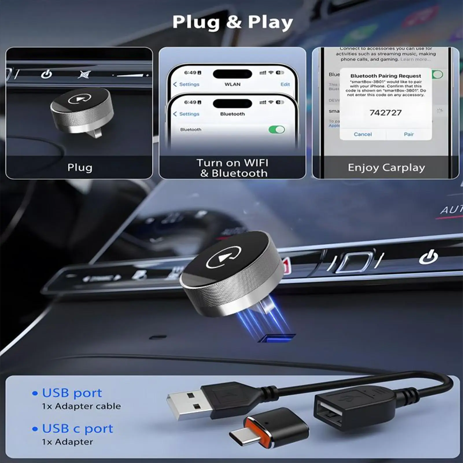 

Беспроводной конвертер для автомобиля, умный адаптер для преобразования проводного подключения в беспроводное, для передачи видео, музыки, звонков, экрана и данных с телефона