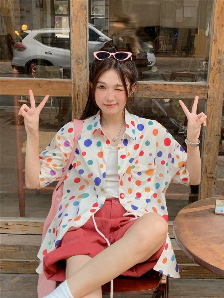 

2026 Summer Japanese Style Sweet Printed Loose Short Sleeve Shirt For Women Student Open Front Blouse