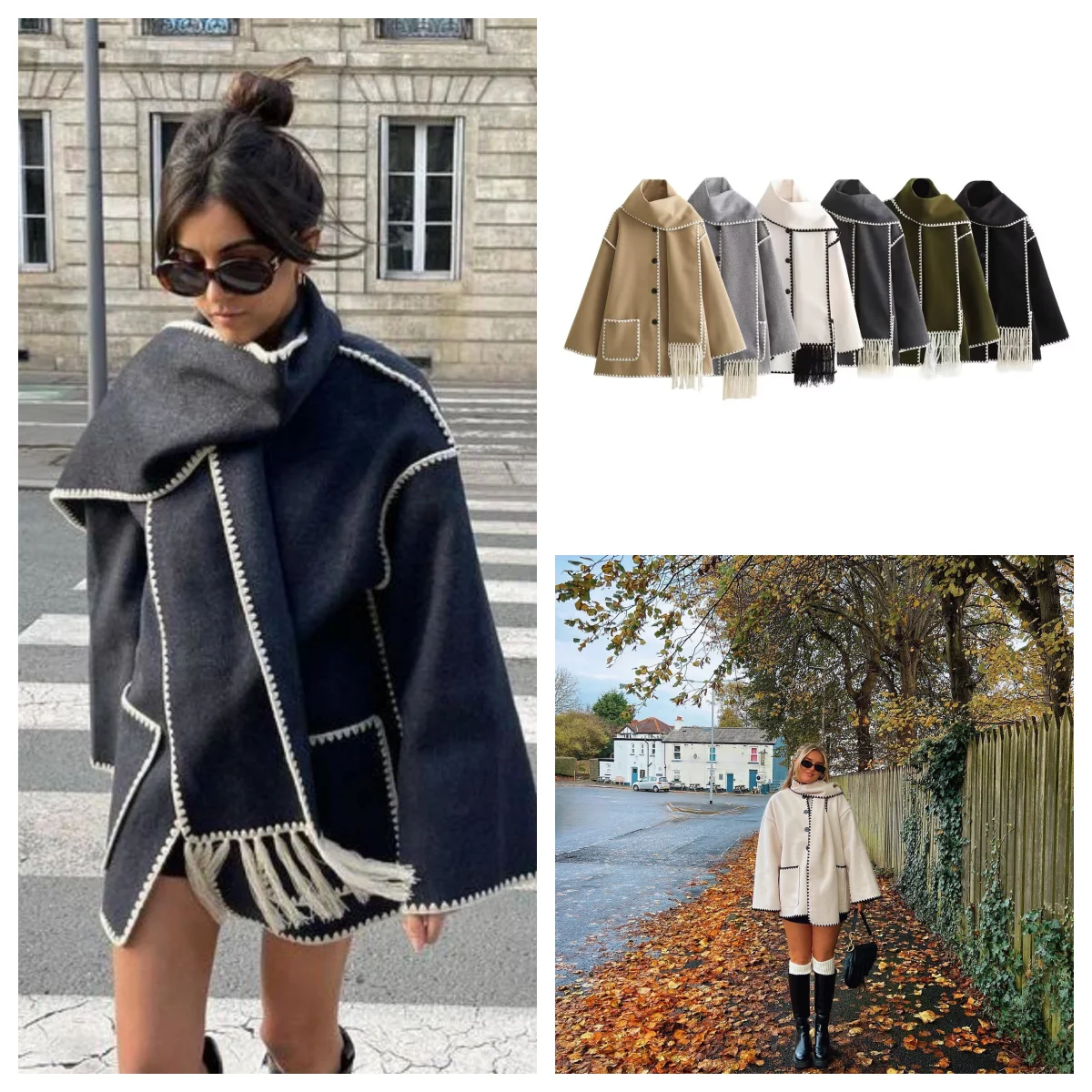 Scarf splicing collar casual woolen coat women autumn and winter new style fashionable all-match loose design woolen top