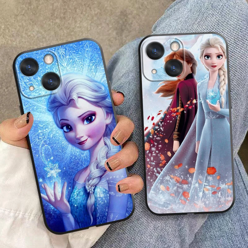 Cartoon Frozen Anna And Elsa Apple iPhone Case For 15 14 13 12 11 Mini XS XR X 6S 6 Pro Max Plus Black Soft Cover