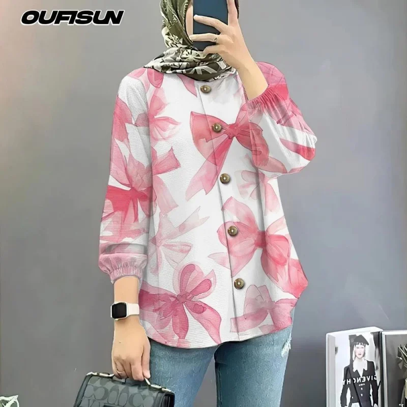 เสื้อเชิ้ตมุสลิมขนาดใหญ่พร้อมผูกรูปผีเสื้อเสื้อเชิ้ตแขนยาวสไตล์หวานแขนพัฟราคาถูก 2025 เสื้อฤดูร้อน