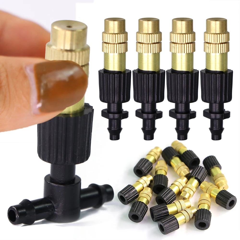 20-300PCS Adjustable Brass Misting Nozzle 1/4'' Barb Tee Connector Copper Spray Head for 4/7mm 8/11mm Hose Greenhouse Watering 