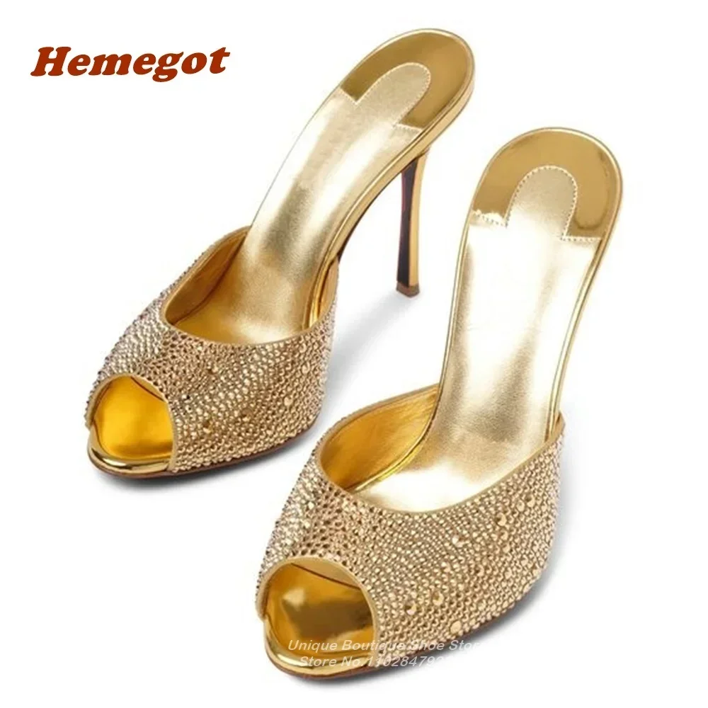 

Peep Toe Thin High Heels Slip On Summer Slippers for Women Gold Rhinestones Metallic Mules Solid Women's Shoes Party Luxury Sexy