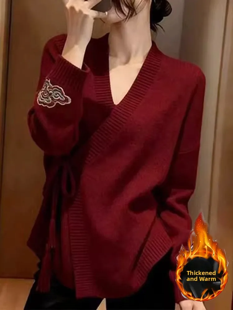 

Новый вязаный свитер 2026 года для женщин: элегантный, мягкий, средней толщины, длинный, для весны и осени, в китайском стиле, можно носить как верхнюю одежду или под одежду.