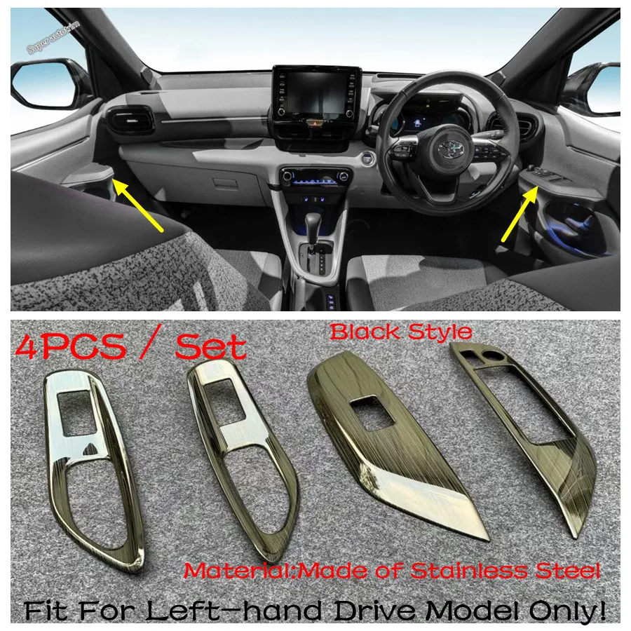 

Автомобильный внутренний дверной подлокотник, переключатель подъема окна, панель управления, декоративная накладка для Toyota Yaris 2020 2021, черный/серебристый, аксессуары