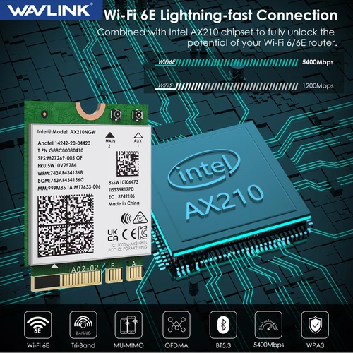 Imagen 1 del producto Tarjeta inalámbrica WAVLINK WiFi 6E Intel AX210 Tri-Band 5400Mbps 2,4 GHz/5GHz/6GHz adaptador de red Bluetooth5.3 módulo WiFi para ordenador portátil