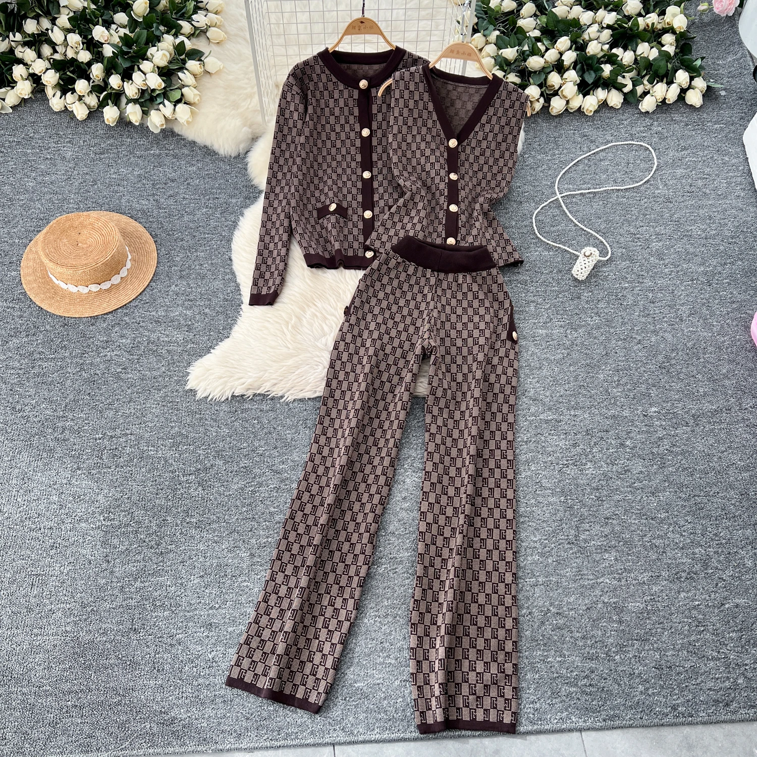 2024 Autumn Elegant Slim Three Pieces Sets Women Cardigan Jacket V-Neck Sweater High Waist Wide Leg Pants Knitted Sets J519