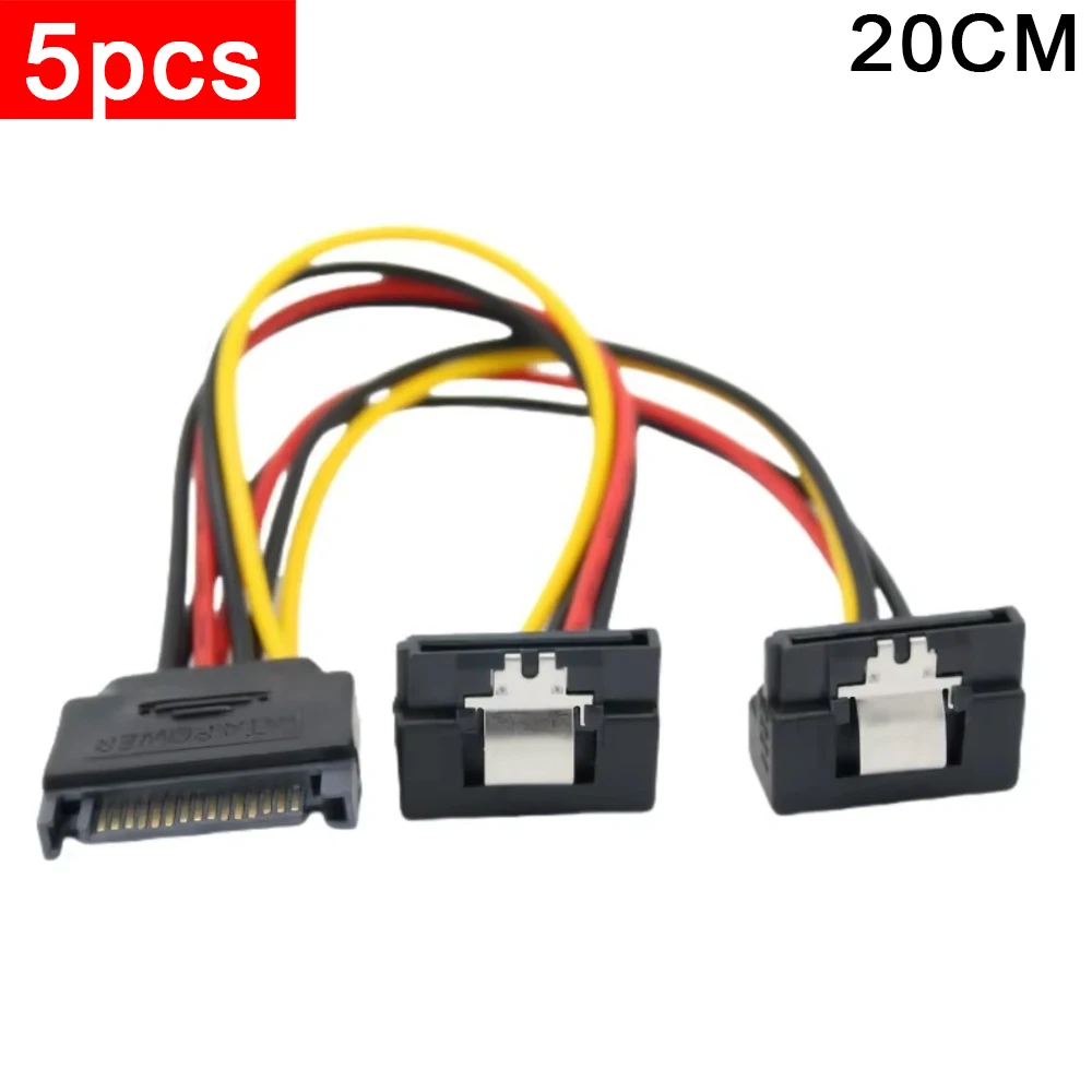 

5pcs 90 Degree Elbow Angled SATA 1/2 Power Cord 15PIN 1 Male to 2 Female Hard Drives Data Power Cord With Spring Clip