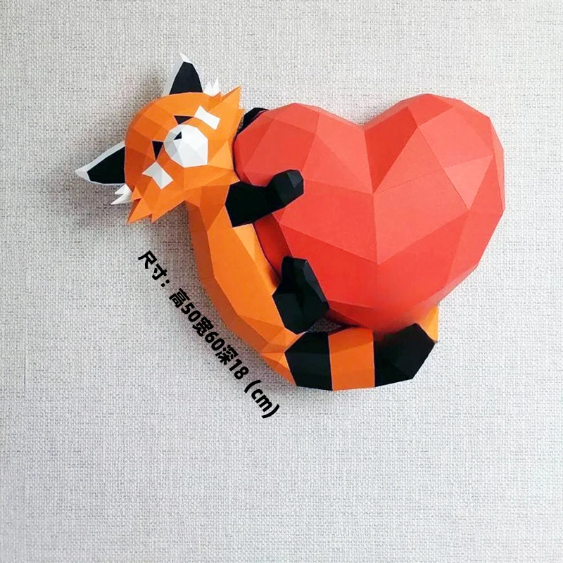 Red Panda Holding Love Paper Model Wall Decoration Home Decor Ailurus Fulgens Model Kit Papercraft 3D DIY Assemble Toys For Kids