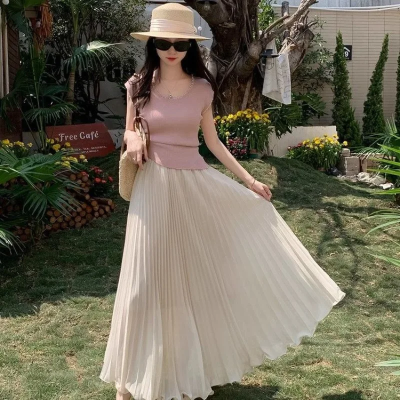 Chiffon Pleated Skirt Women High Waist Summer Skirts Saias Girls Y2K A-line Faldas Wave Hem Long Skirts Purple Jupe Femme